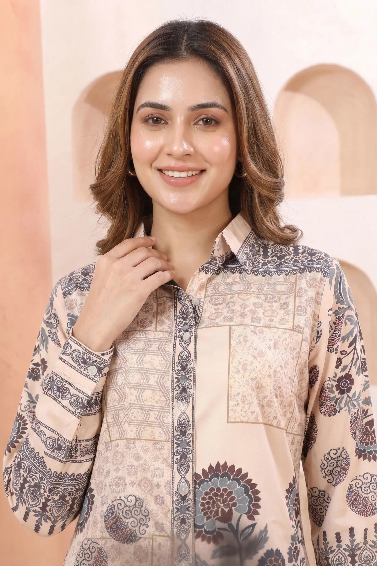 Champagne Beige Modal Silk Tunic with Azrakh Print and Shirt Collar