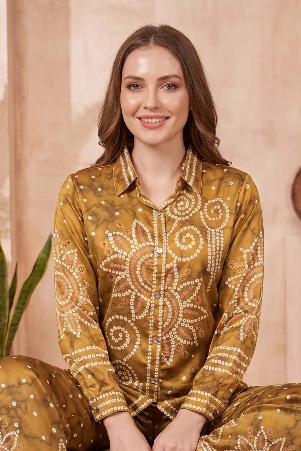 Mustard Modal Crepe Silk Bandhani Print Shirt with Floral Back Panel