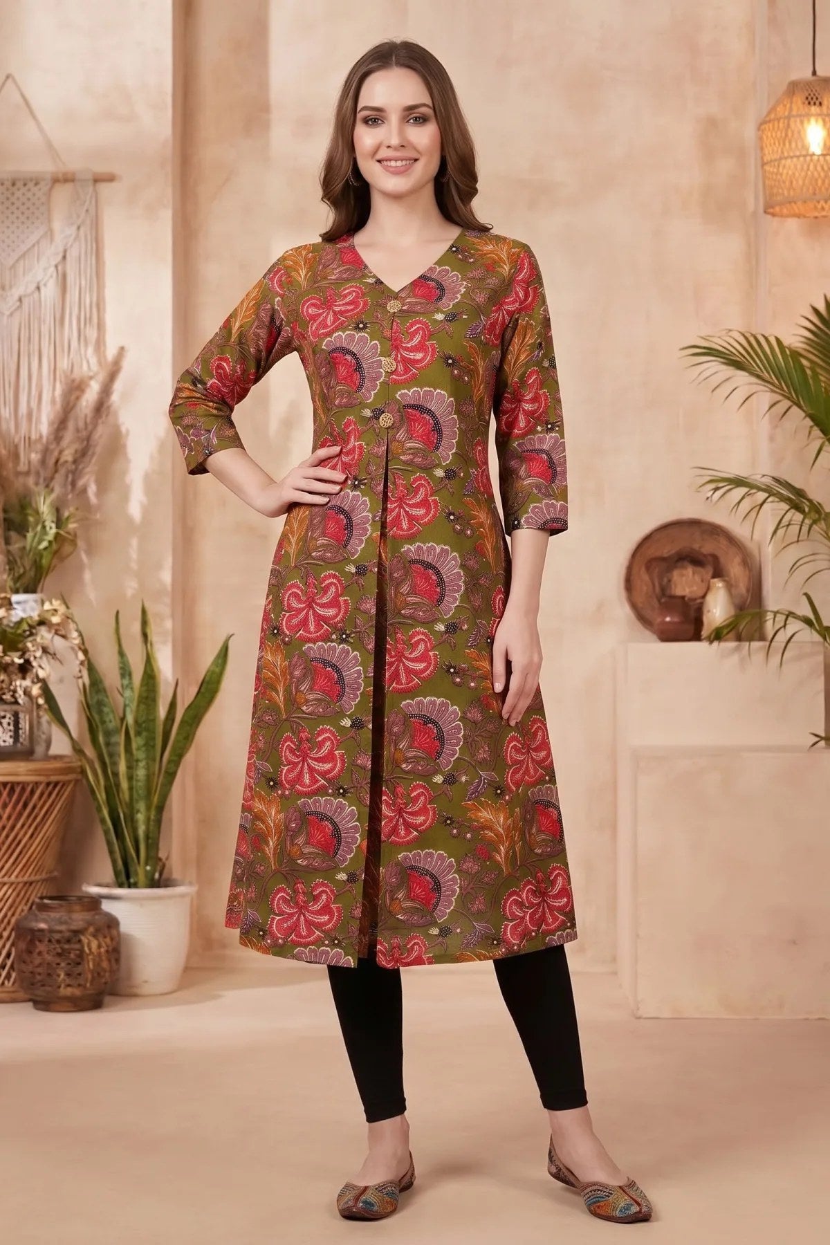Olive Green Kalamkari Print A Line Long Kurta with V Neck