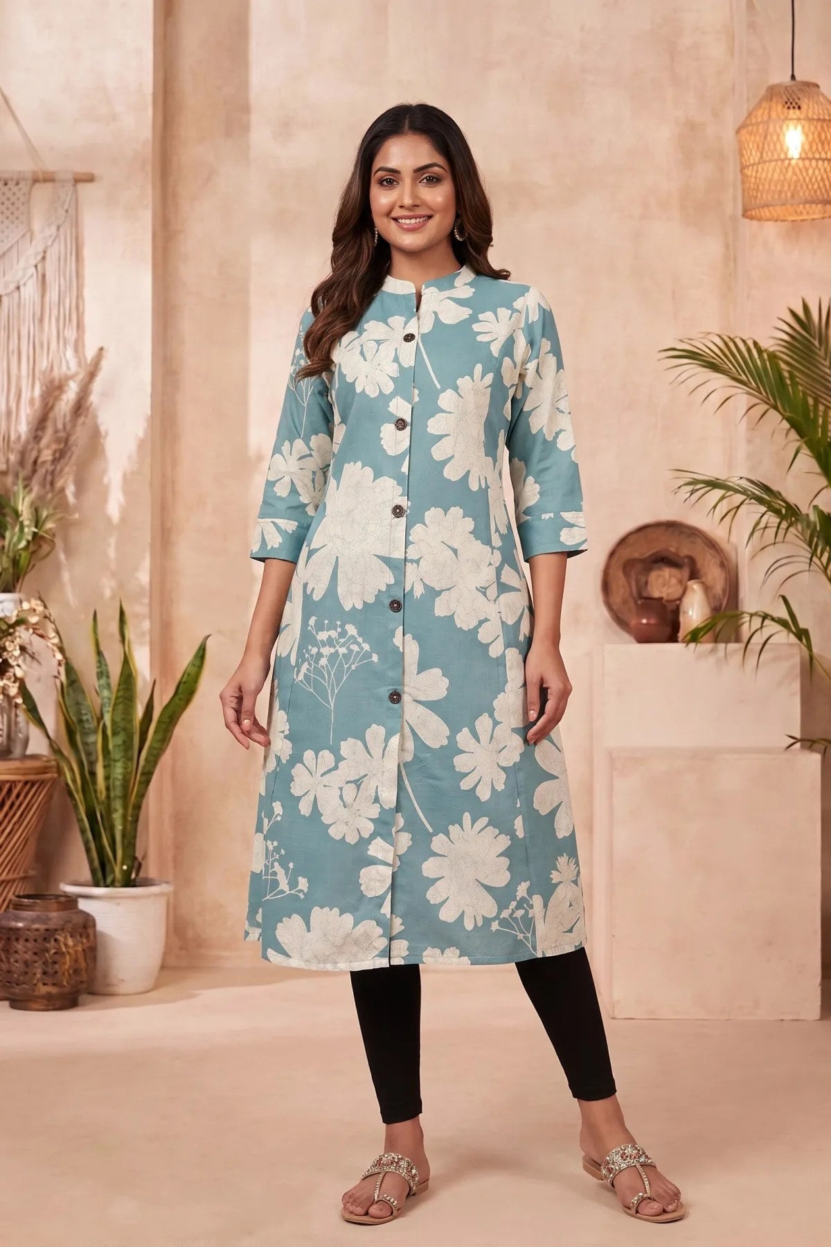 Powder Blue Floral Print Cotton Blend Long Kurti