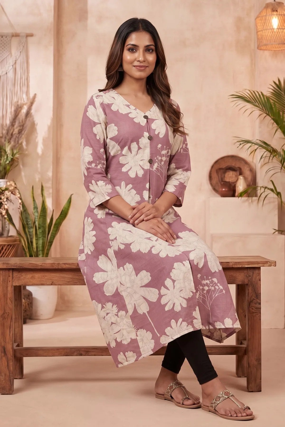 Onion Pink A Line Kurti with Large Floral Print