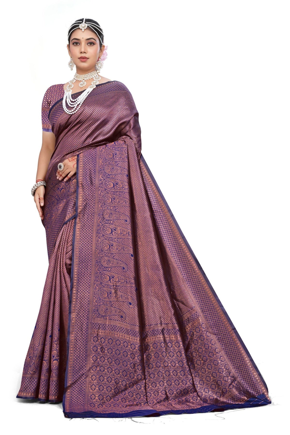 Women's Premium Banarasi Silk Saree with Golden & Copper Zari Weaving with Paisley Patterns & Zari Border with Unstitched Blouse Piece - Navy Blue