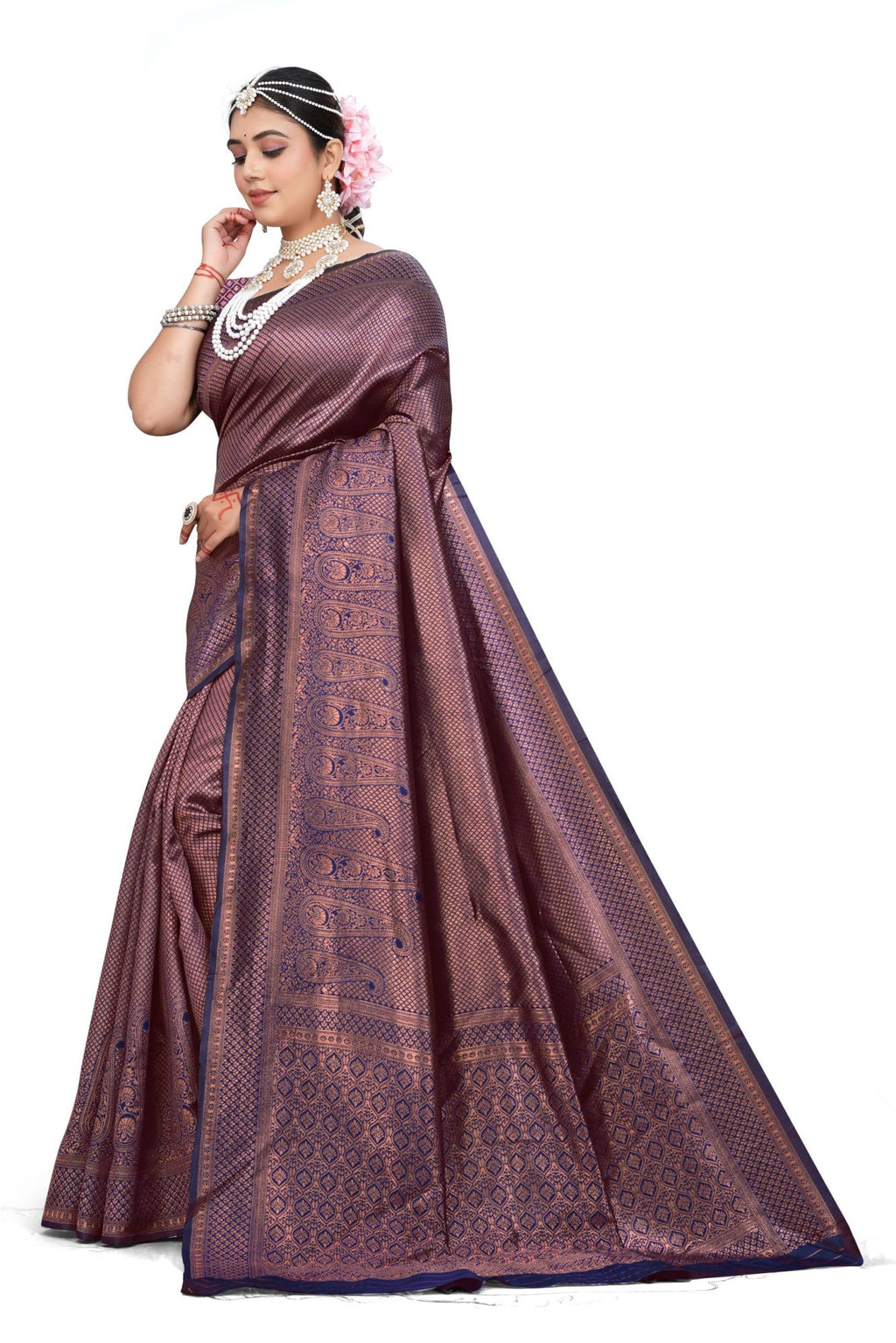 Women's Premium Banarasi Silk Saree with Golden & Copper Zari Weaving with Paisley Patterns & Zari Border with Unstitched Blouse Piece - Navy Blue