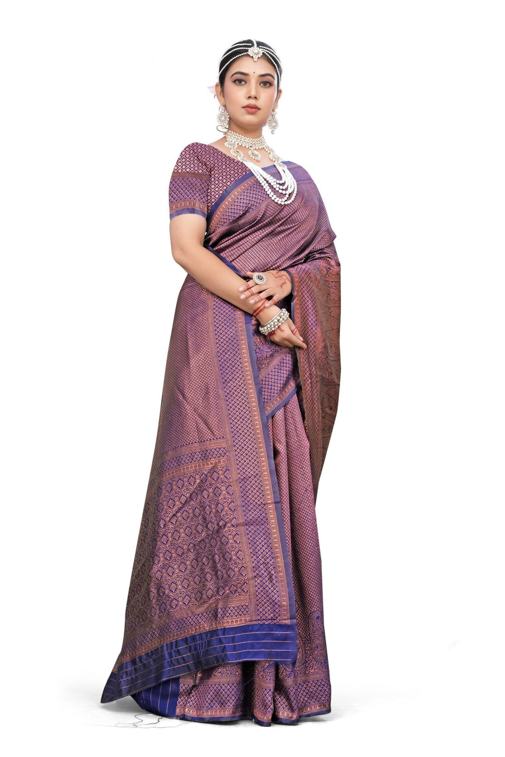 Women's Premium Banarasi Silk Saree with Golden & Copper Zari Weaving with Paisley Patterns & Zari Border with Unstitched Blouse Piece - Navy Blue
