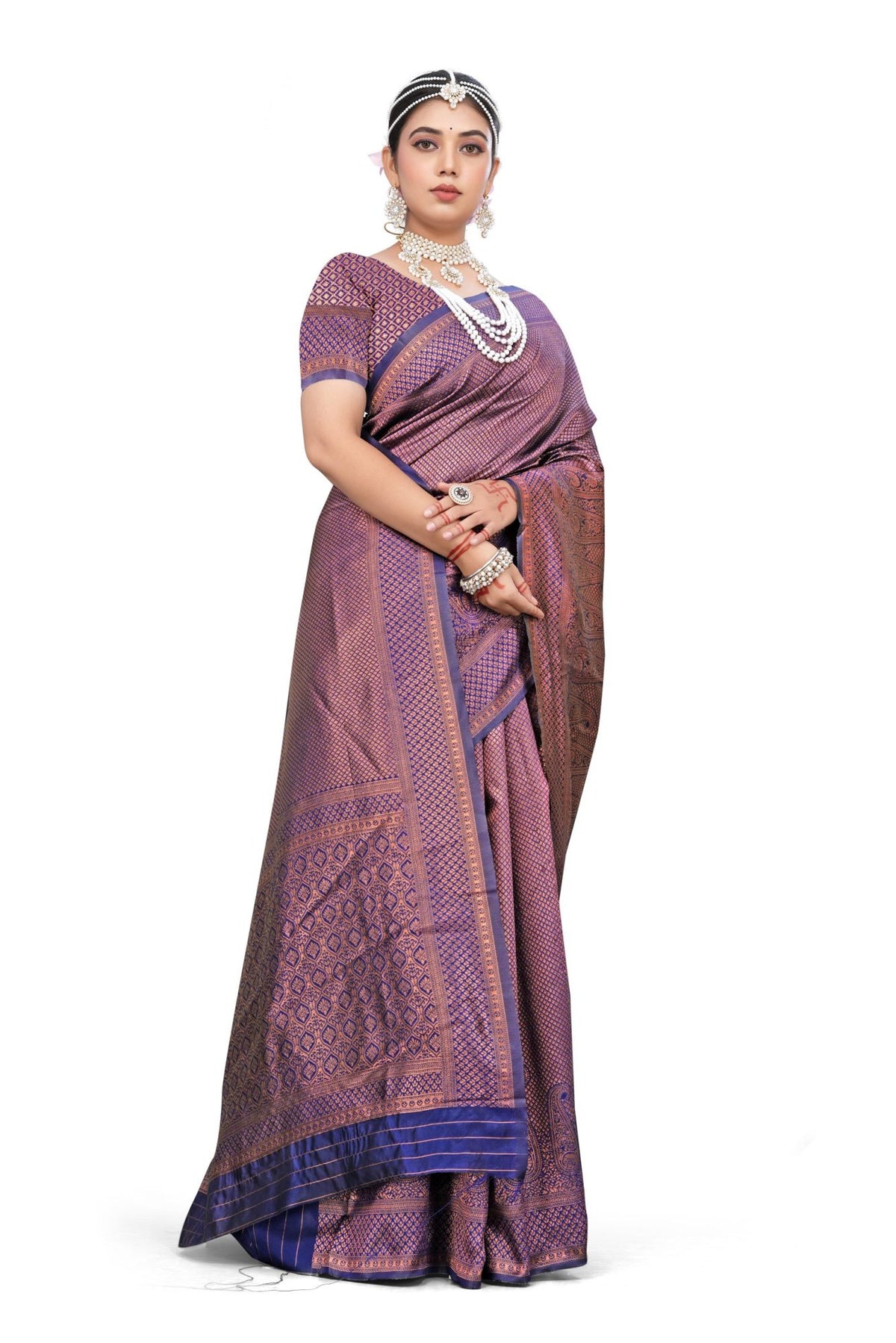 Women's Premium Banarasi Silk Saree with Golden & Copper Zari Weaving with Paisley Patterns & Zari Border with Unstitched Blouse Piece - Navy Blue