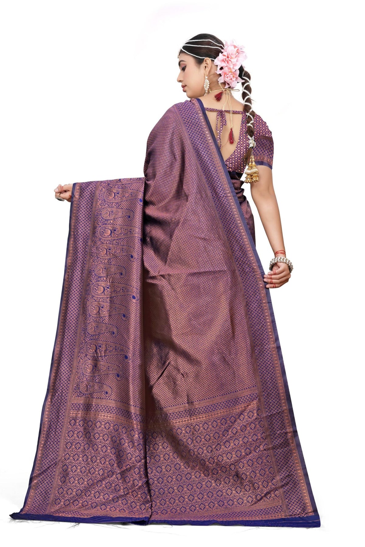 Women's Premium Banarasi Silk Saree with Golden & Copper Zari Weaving with Paisley Patterns & Zari Border with Unstitched Blouse Piece - Navy Blue