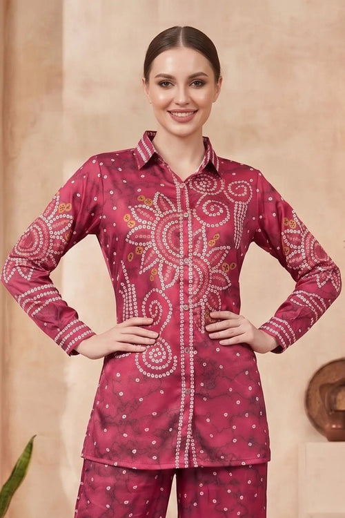 Berry Pink Modal Silk Bandhani Print Shirt with Collar - Fashionchowk