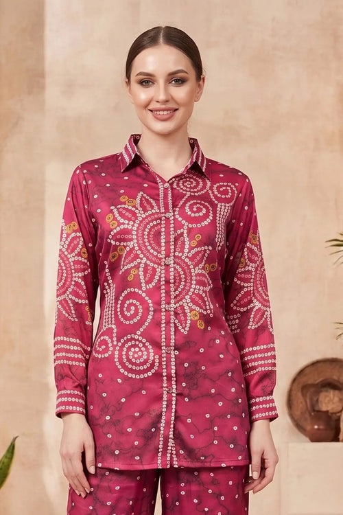 Berry Pink Modal Silk Bandhani Print Shirt with Collar - Fashionchowk