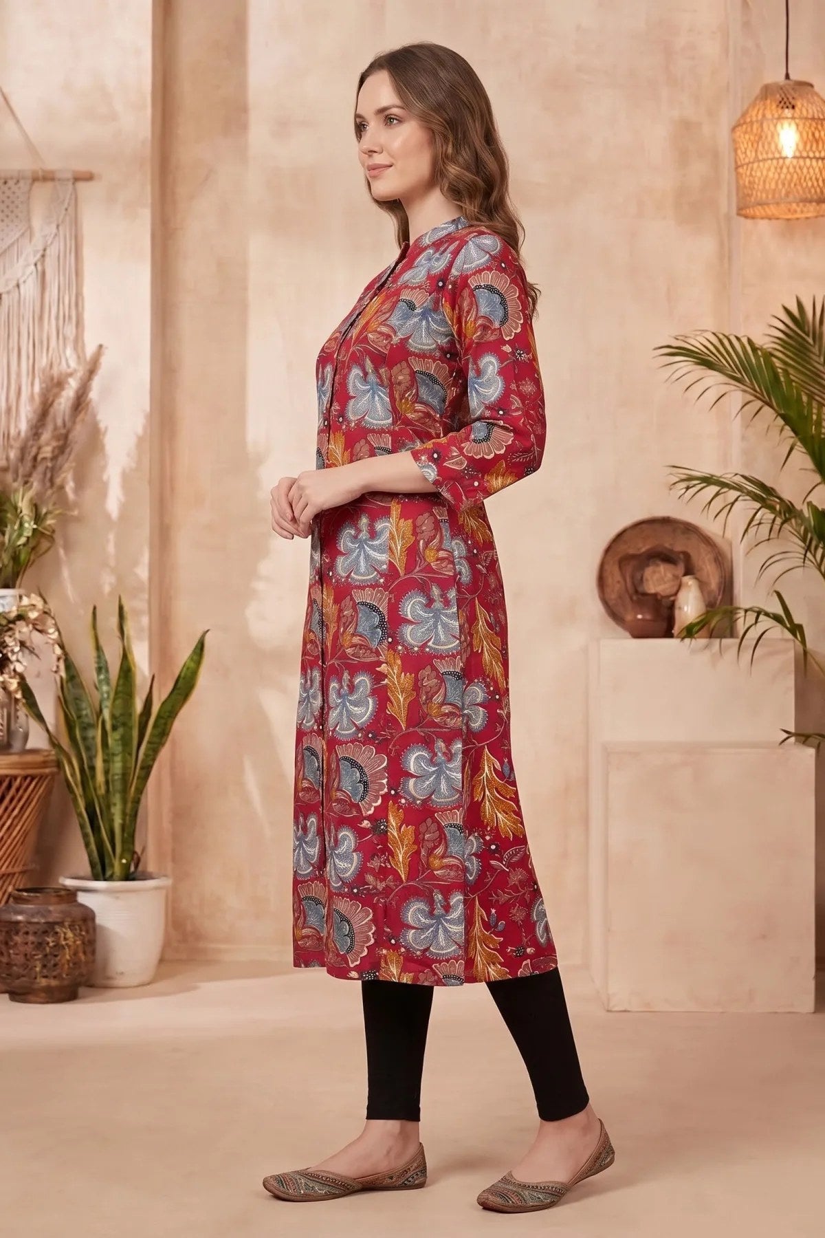 Cherry Red A-Line Long Kurta with Floral Print - Fashionchowk