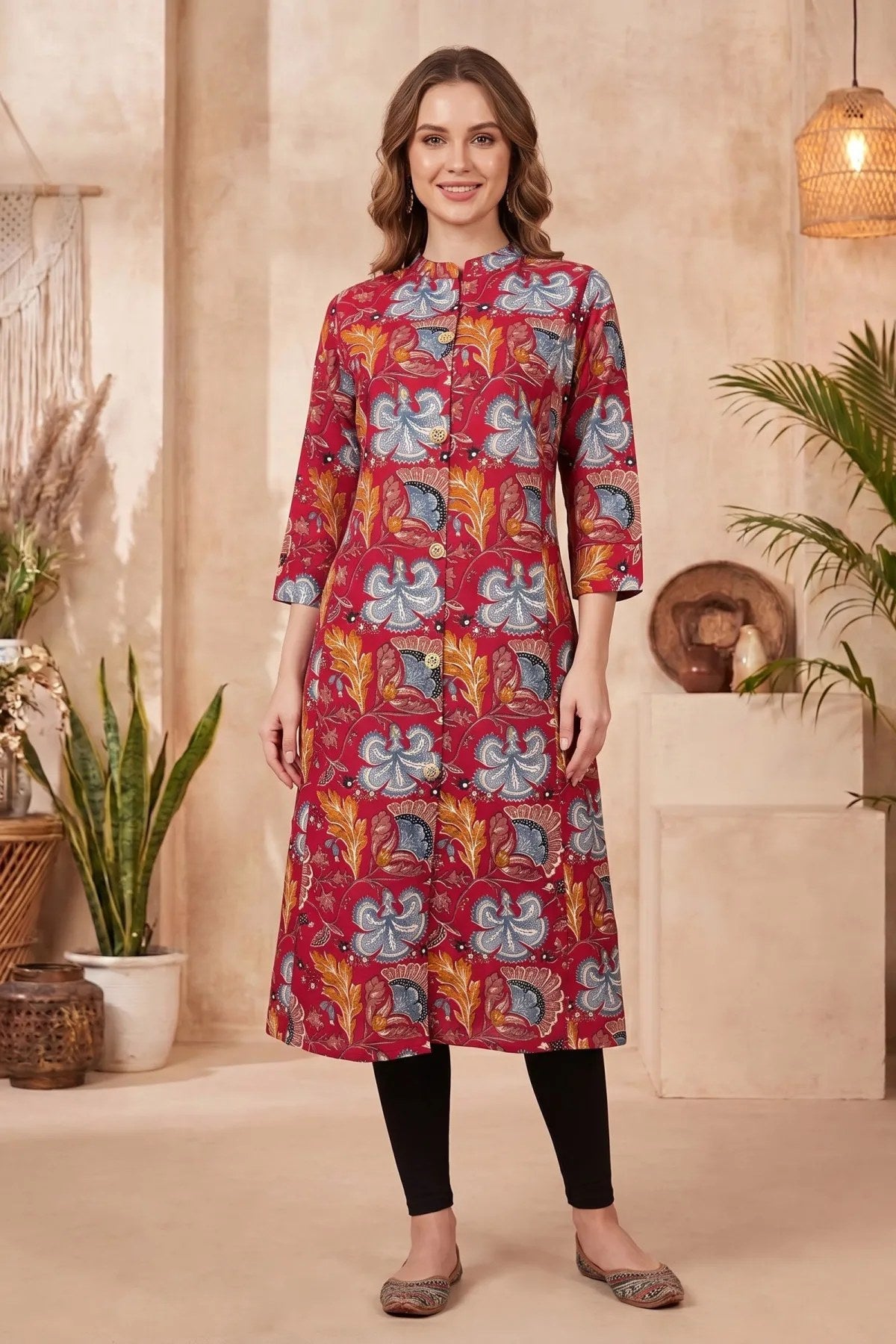 Cherry Red A-Line Long Kurta with Floral Print - Fashionchowk