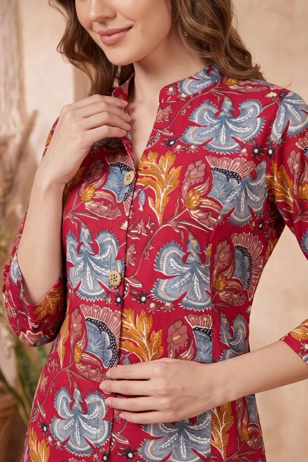 Cherry Red A-Line Long Kurta with Floral Print - Fashionchowk