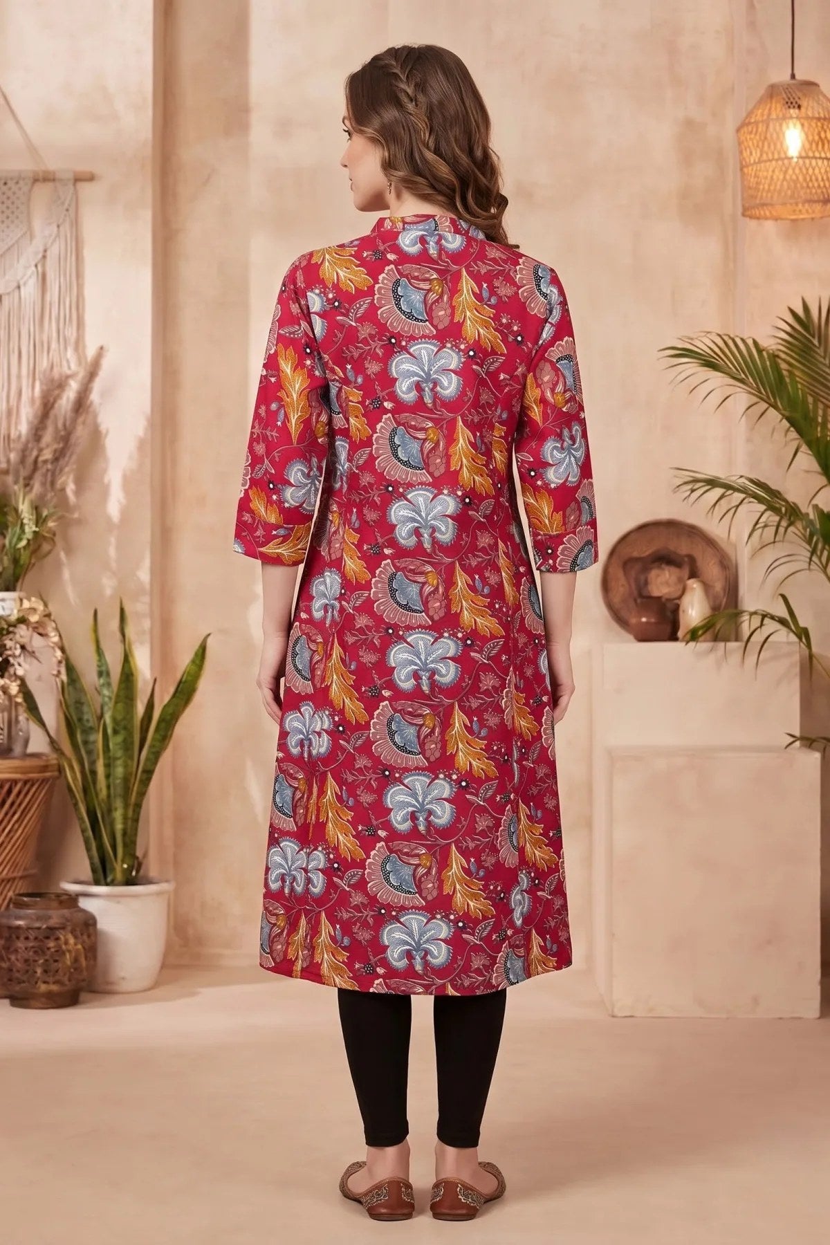 Cherry Red A-Line Long Kurta with Floral Print - Fashionchowk