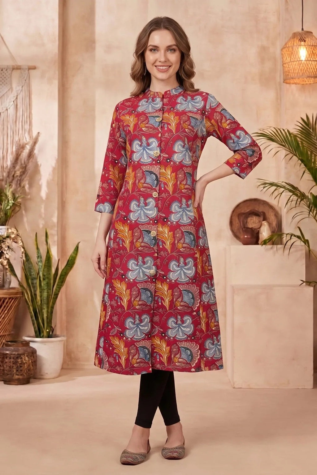 Cherry Red A-Line Long Kurta with Floral Print - Fashionchowk