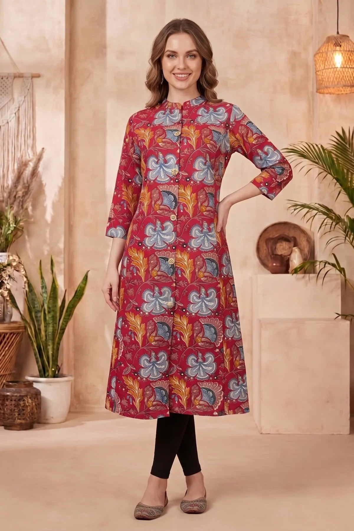 Cherry Red A-Line Long Kurta with Floral Print - Fashionchowk