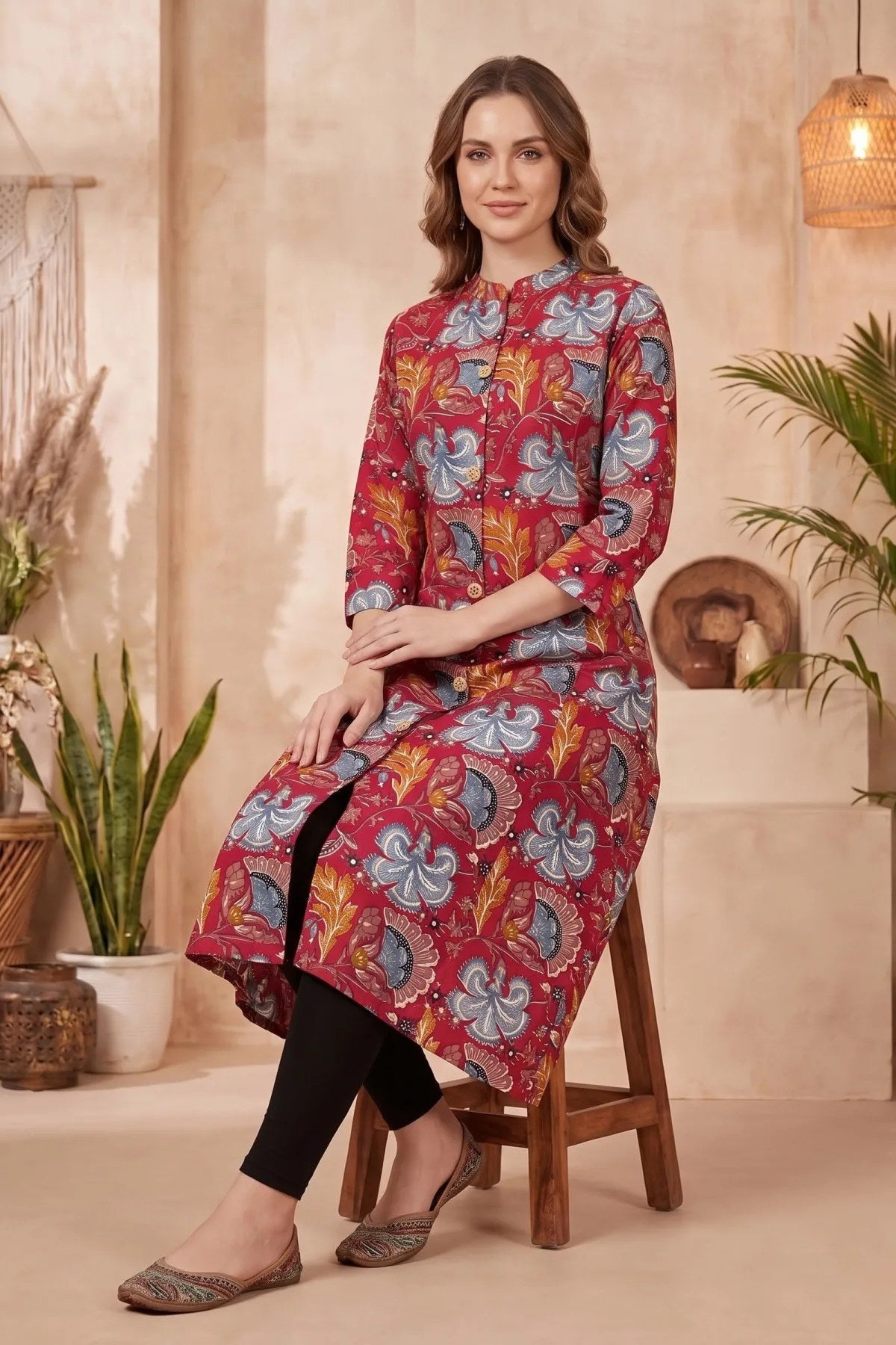 Cherry Red A-Line Long Kurta with Floral Print - Fashionchowk