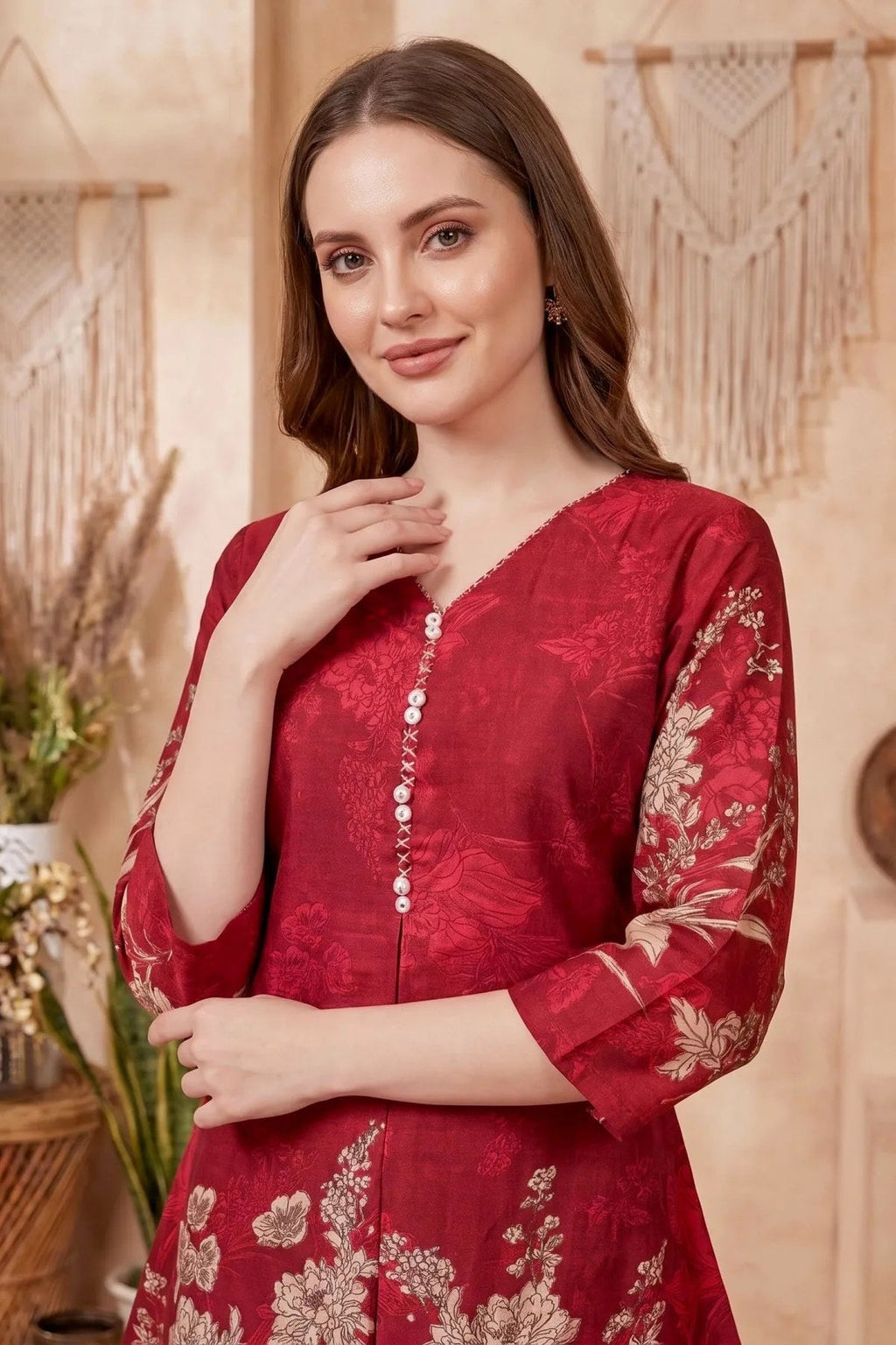 Cherry Red Cotton Printed Kurta Pant Co Ord Set with V Neck - Fashionchowk