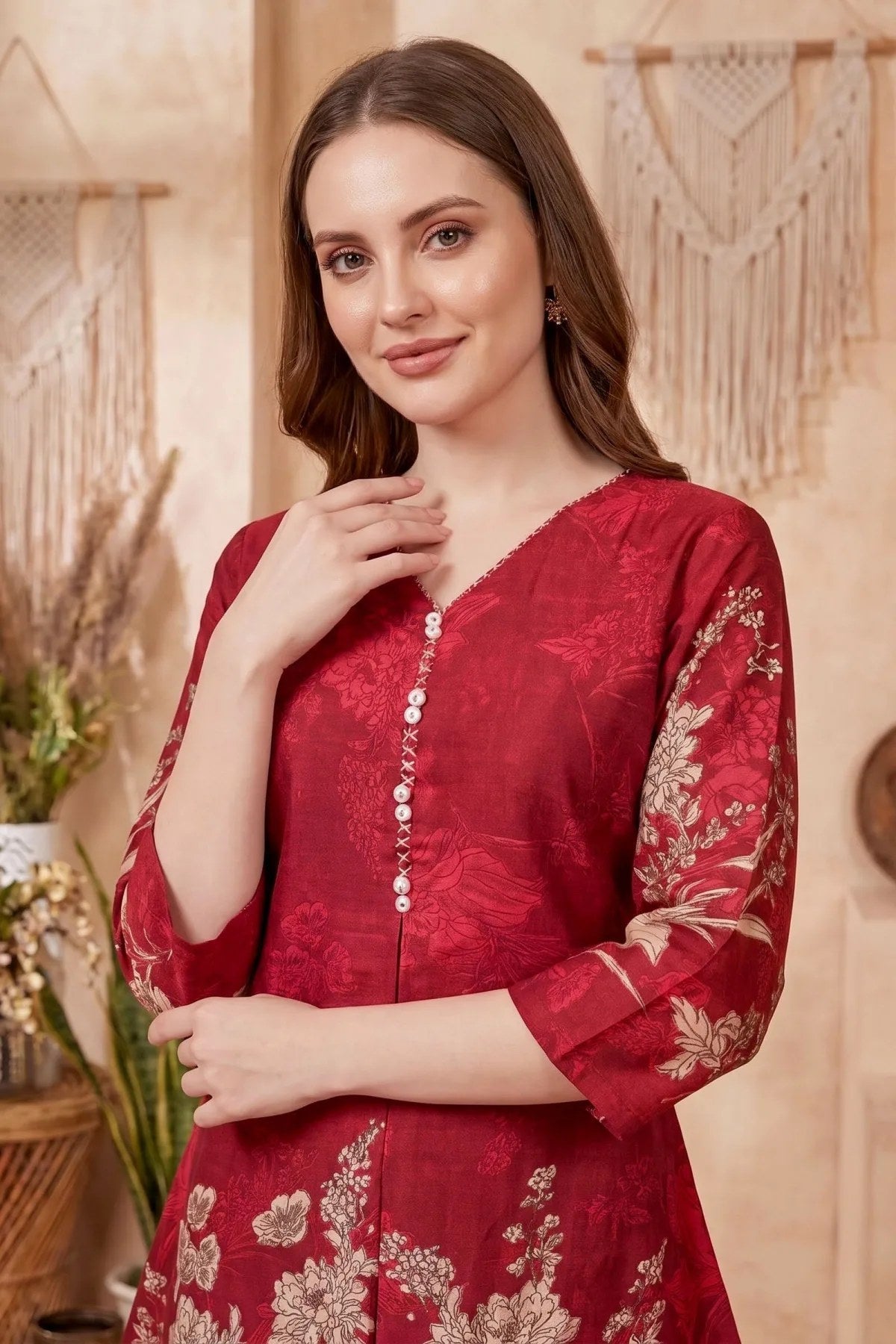 Cherry Red Cotton Printed Kurta Pant Co Ord Set with V Neck - Fashionchowk