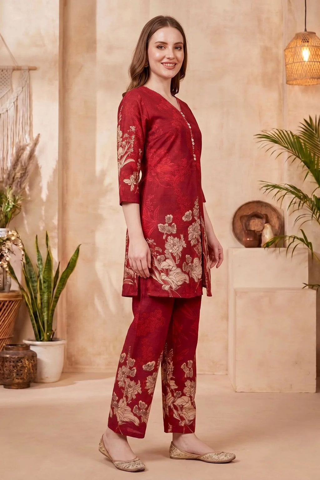 Cherry Red Cotton Printed Kurta Pant Co Ord Set with V Neck - Fashionchowk