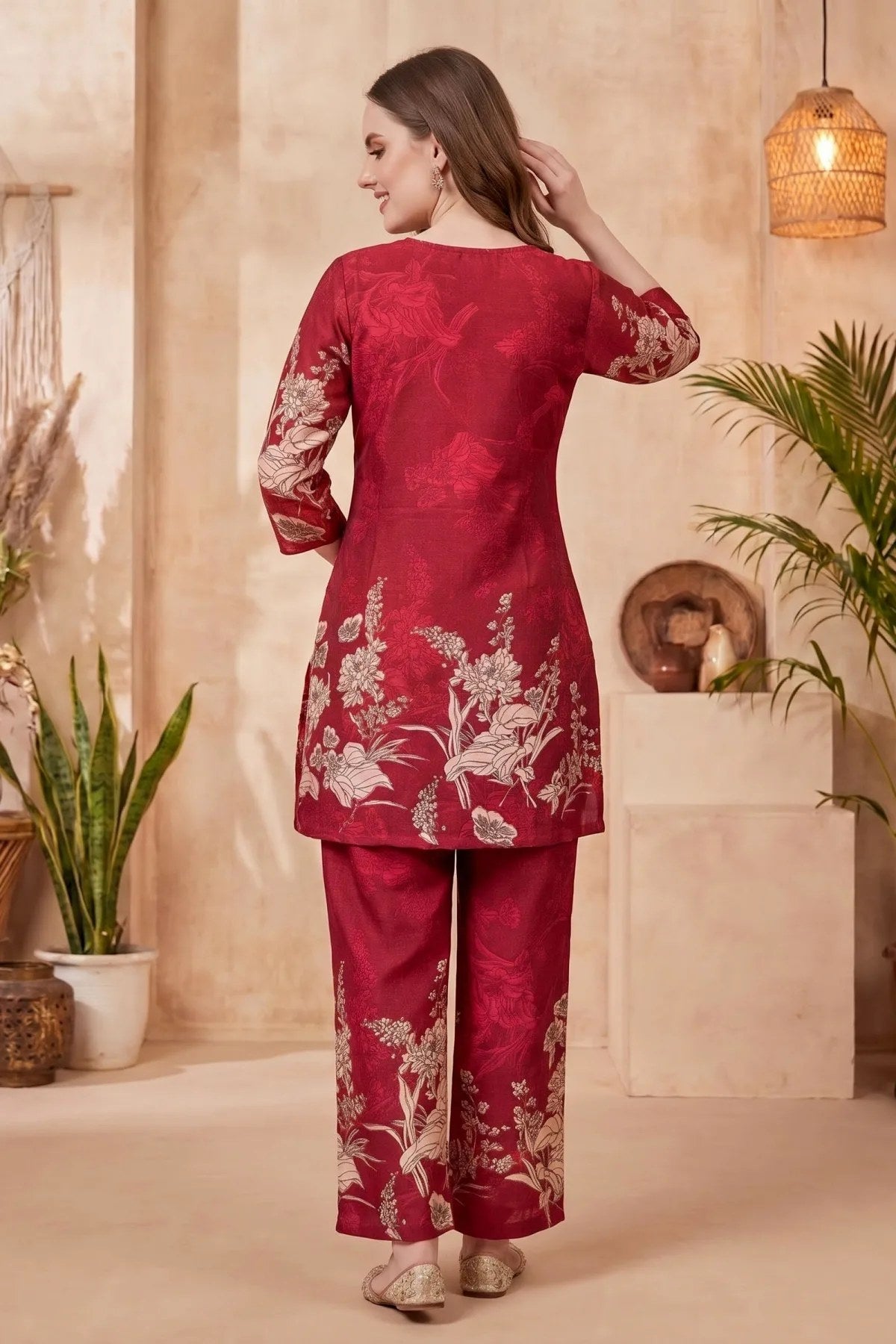 Cherry Red Cotton Printed Kurta Pant Co Ord Set with V Neck - Fashionchowk