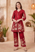 Cherry Red Cotton Printed Kurta Pant Co Ord Set with V Neck - Fashionchowk