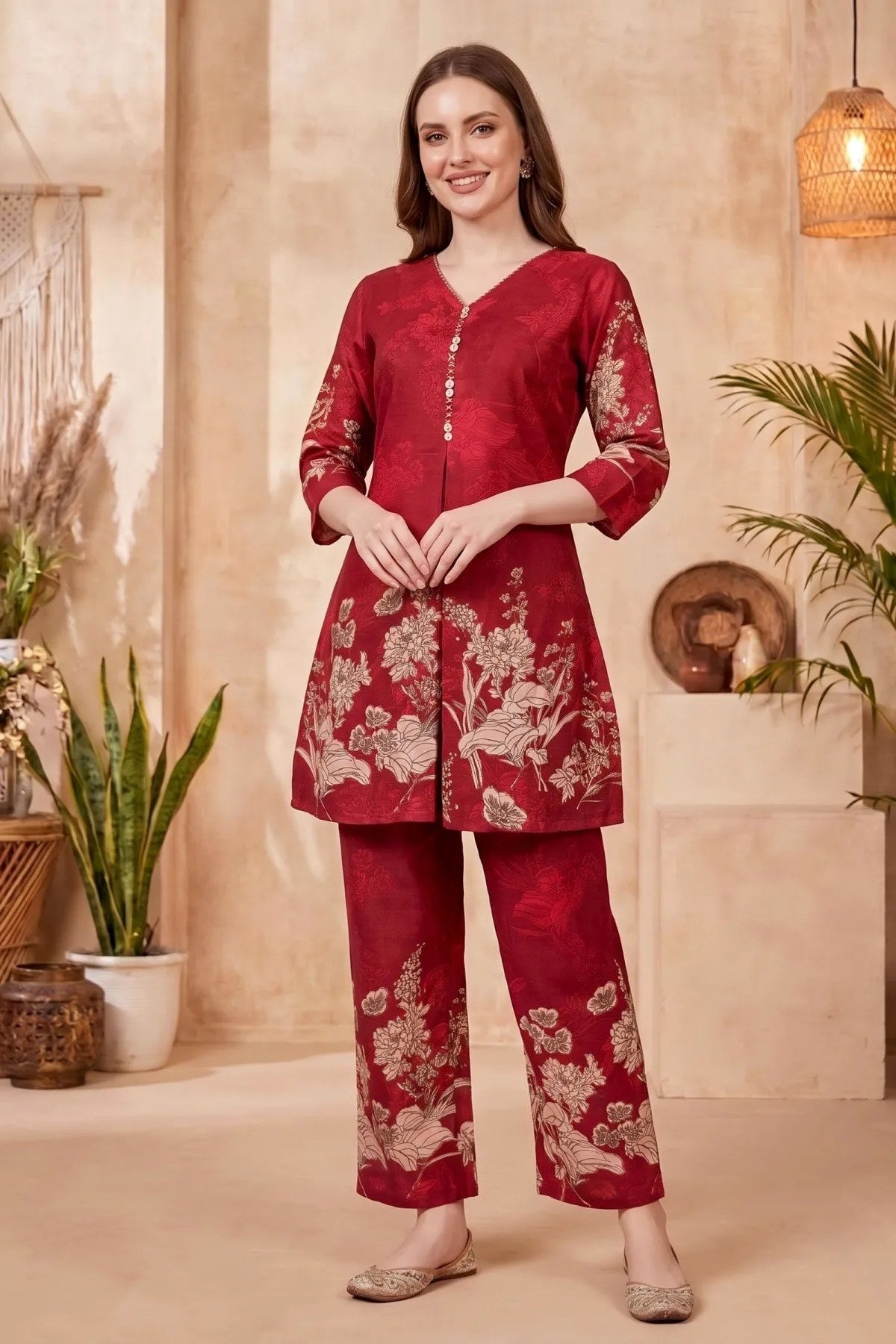 Cherry Red Cotton Printed Kurta Pant Co Ord Set with V Neck - Fashionchowk