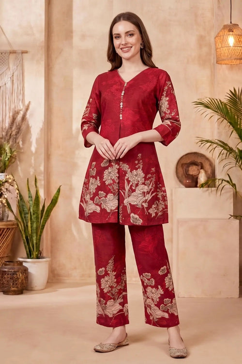 Cherry Red Cotton Printed Kurta Pant Co Ord Set with V Neck - Fashionchowk