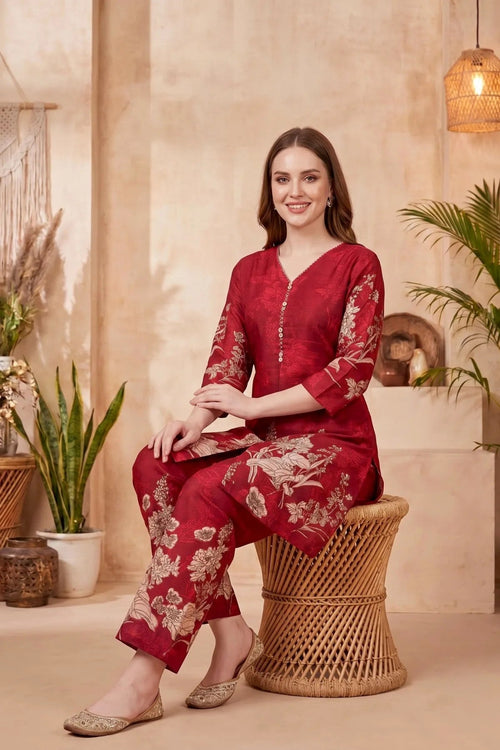 Cherry Red Cotton Printed Kurta Pant Co Ord Set with V Neck - Fashionchowk