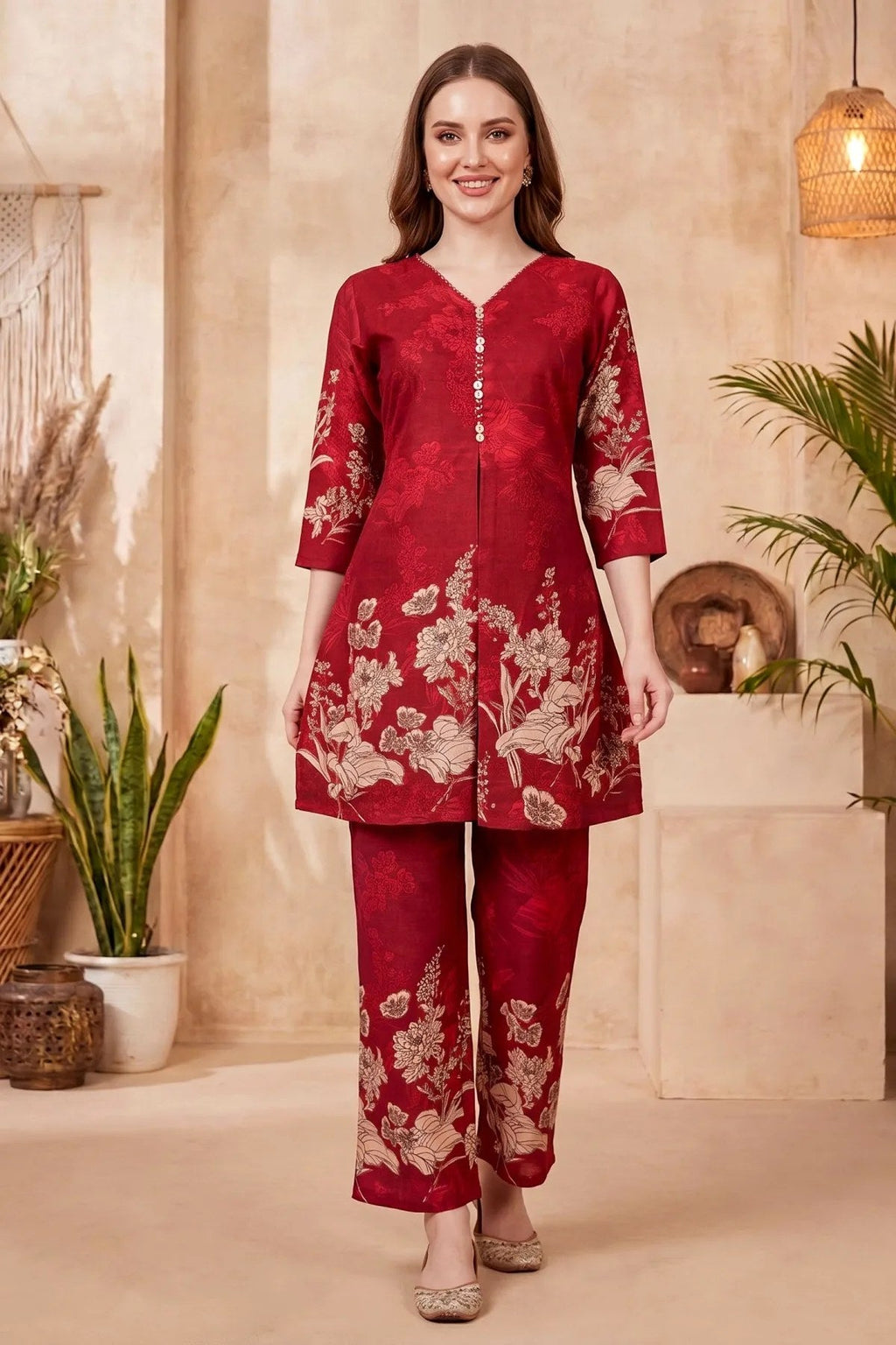 Cherry Red Cotton Printed Kurta Pant Co Ord Set with V Neck - Fashionchowk