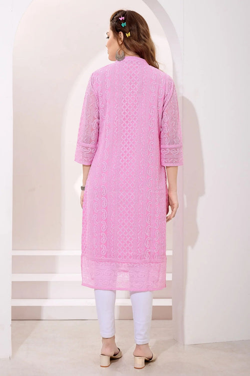 Chic Pink Fine Georgette Chikankari Embroidery Kurta - Fashionchowk
