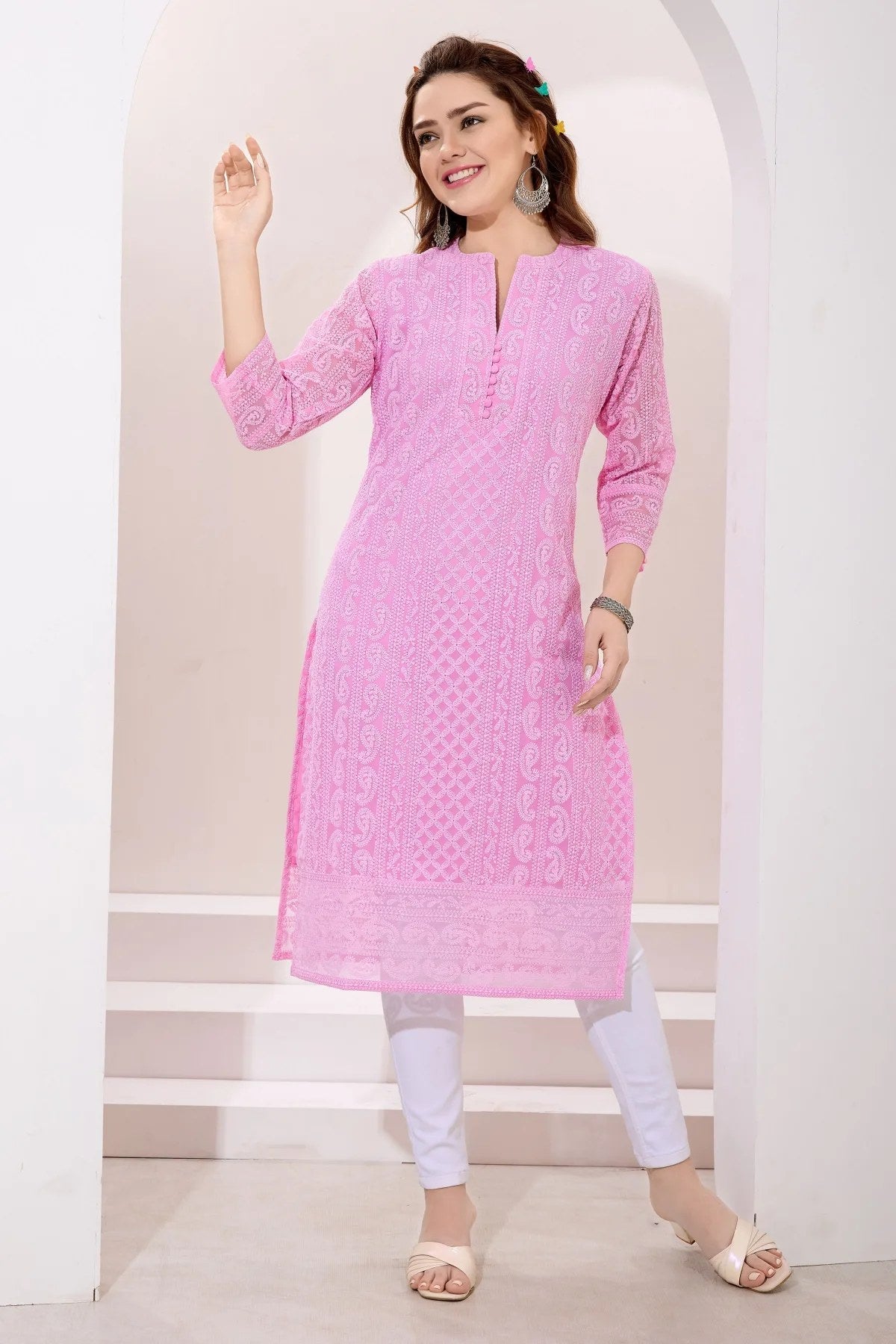 Chic Pink Fine Georgette Chikankari Embroidery Kurta - Fashionchowk