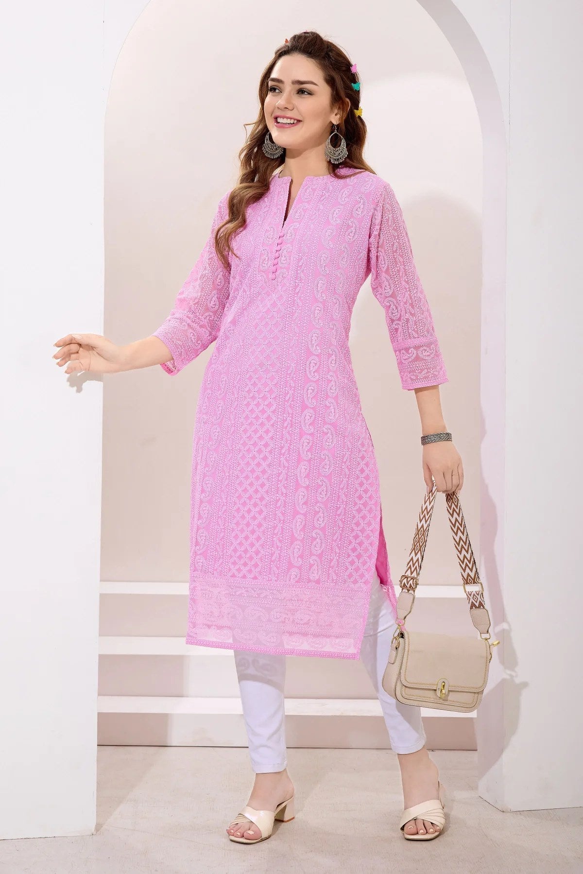 Chic Pink Fine Georgette Chikankari Embroidery Kurta - Fashionchowk