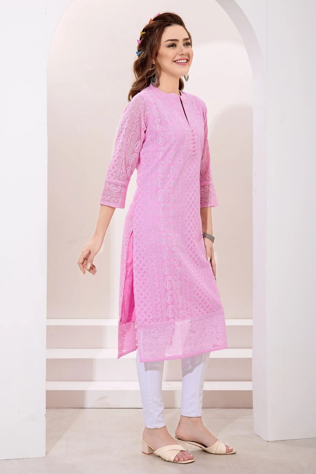 Chic Pink Fine Georgette Chikankari Embroidery Kurta - Fashionchowk