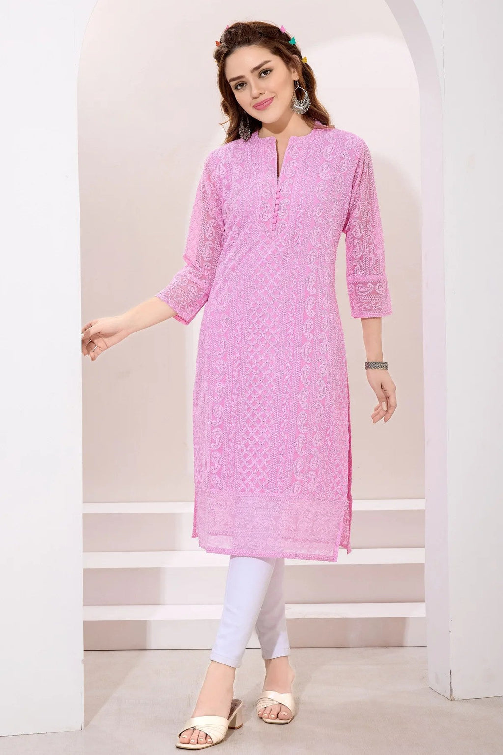 Chic Pink Fine Georgette Chikankari Embroidery Kurta - Fashionchowk