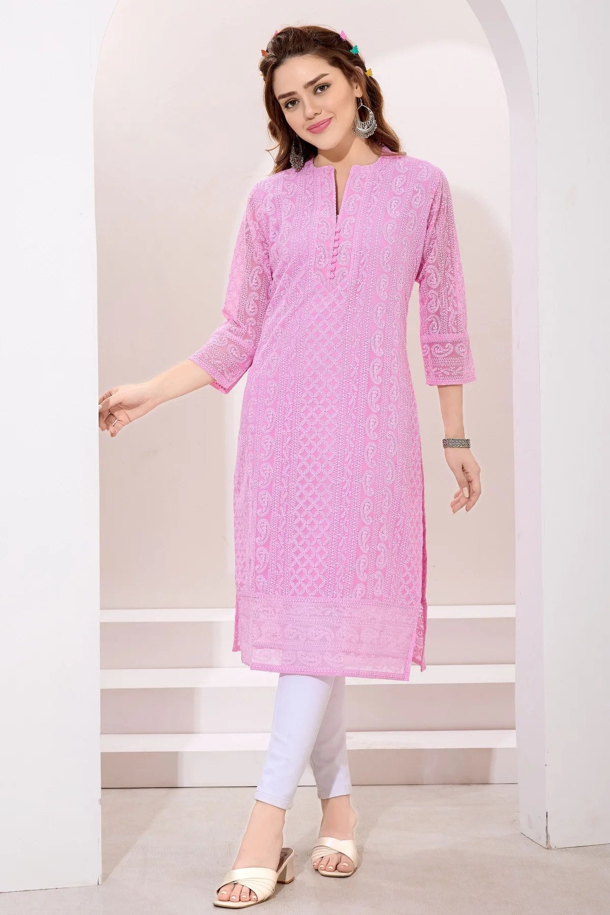 Chic Pink Fine Georgette Chikankari Embroidery Kurta - Fashionchowk