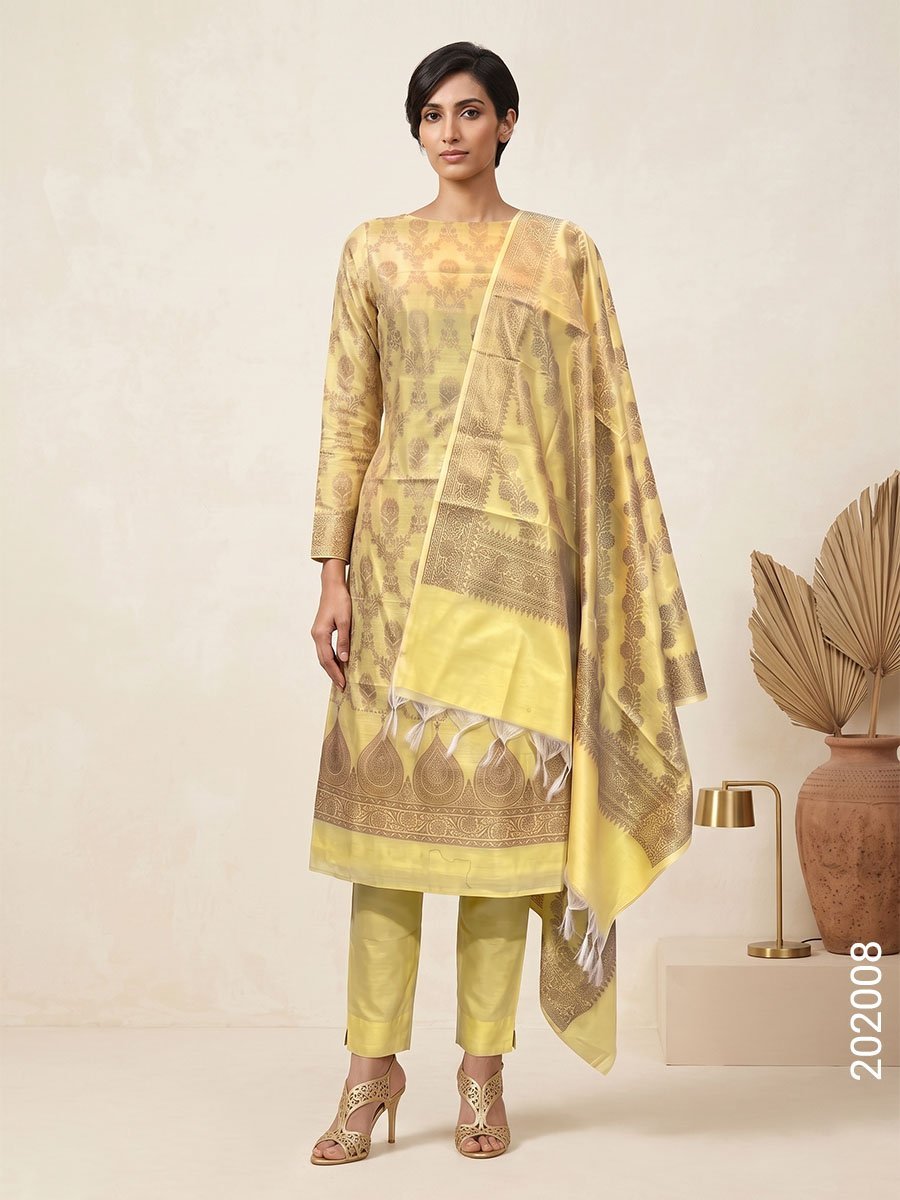 Cotton Silk Zari Jaal Work Banarasi Suit With Cotton Silk Dupatta - Fashionchowk