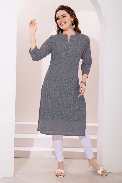 Gray Fine Georgette Kurta with Chicken Embroidery - Fashionchowk