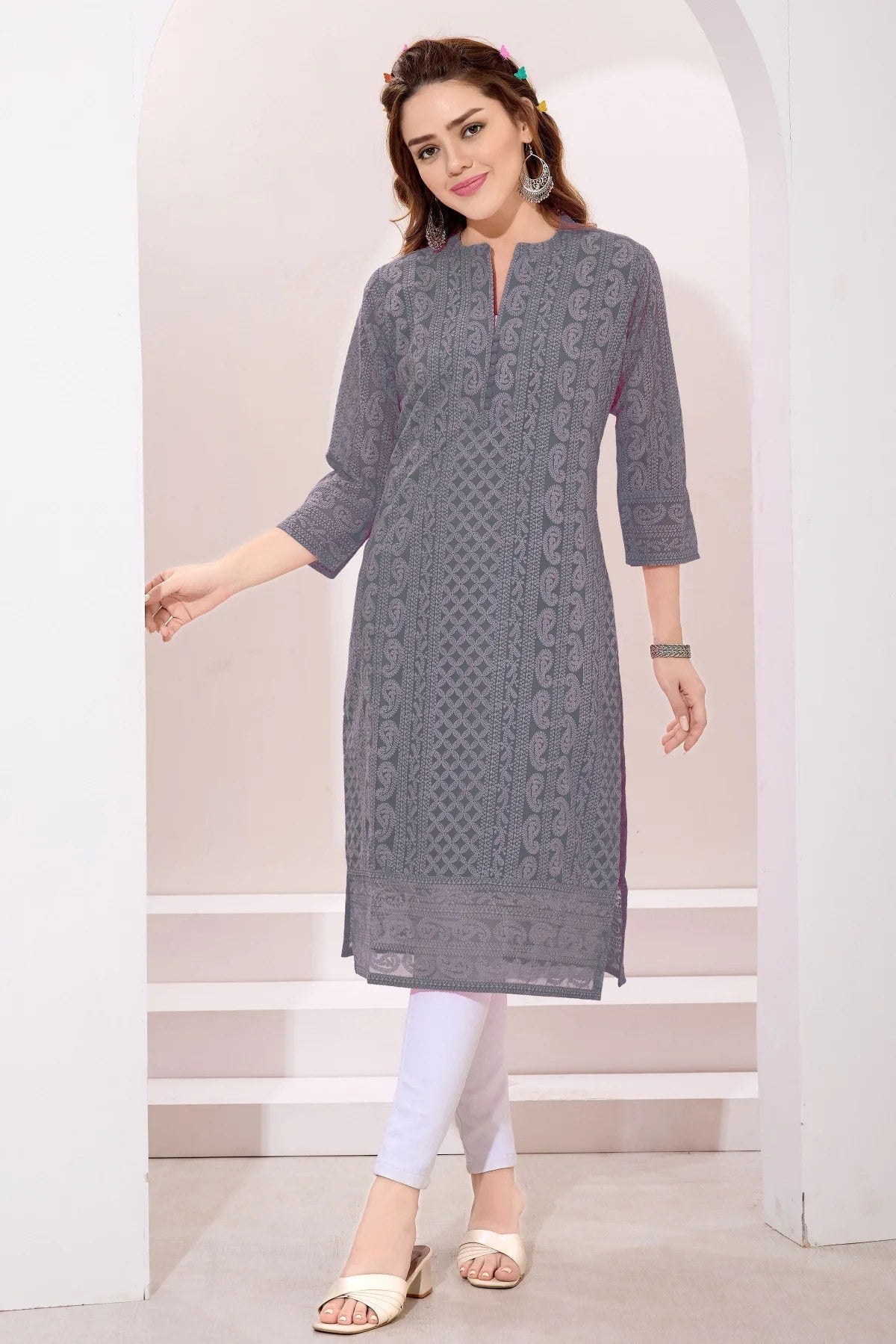 Gray Fine Georgette Kurta with Chicken Embroidery - Fashionchowk