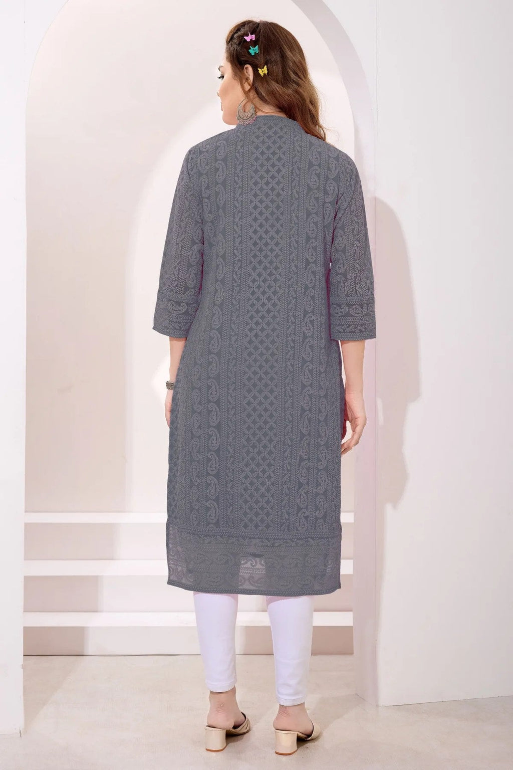 Gray Fine Georgette Kurta with Chicken Embroidery - Fashionchowk