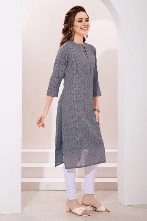 Gray Fine Georgette Kurta with Chicken Embroidery - Fashionchowk