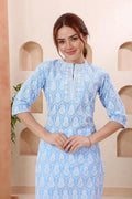 Joy In Turquoise Pure Cotton Chikankari Long Kurti - Fashionchowk