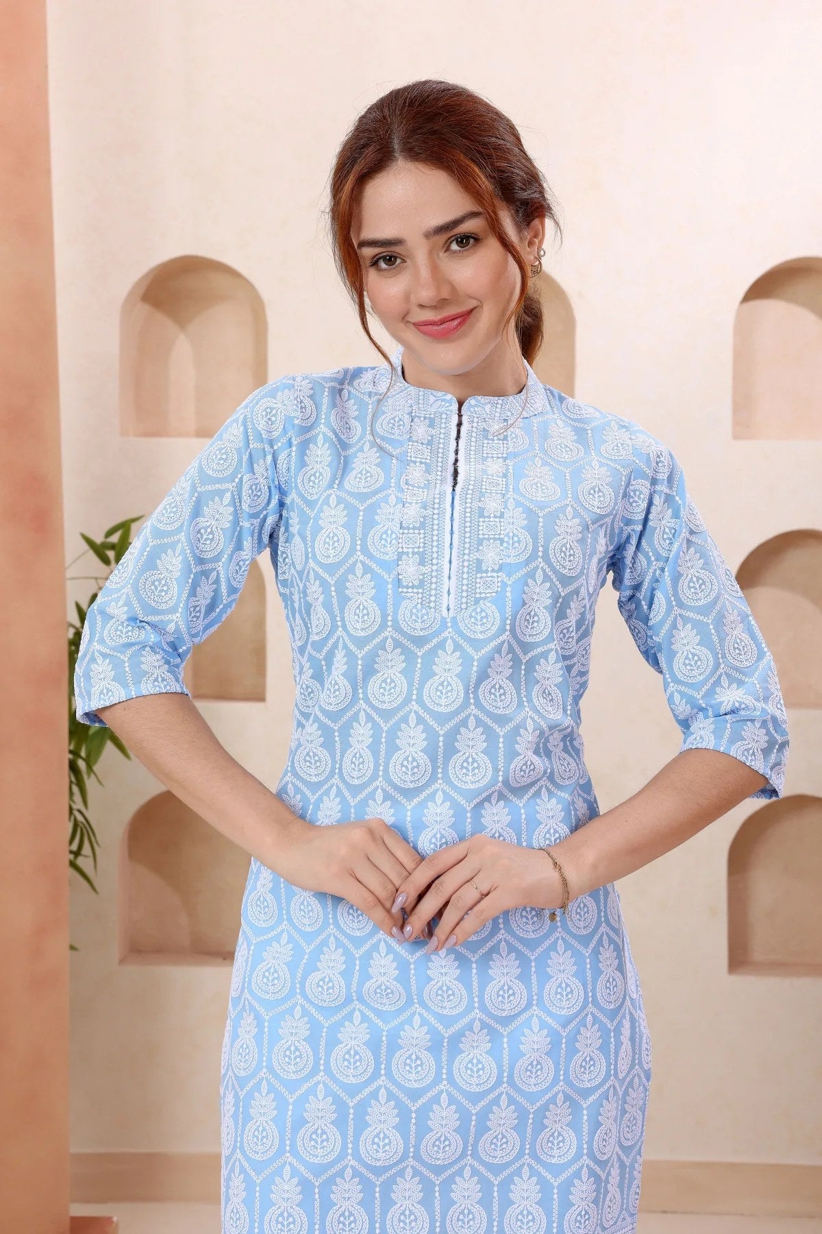 Joy In Turquoise Pure Cotton Chikankari Long Kurti - Fashionchowk