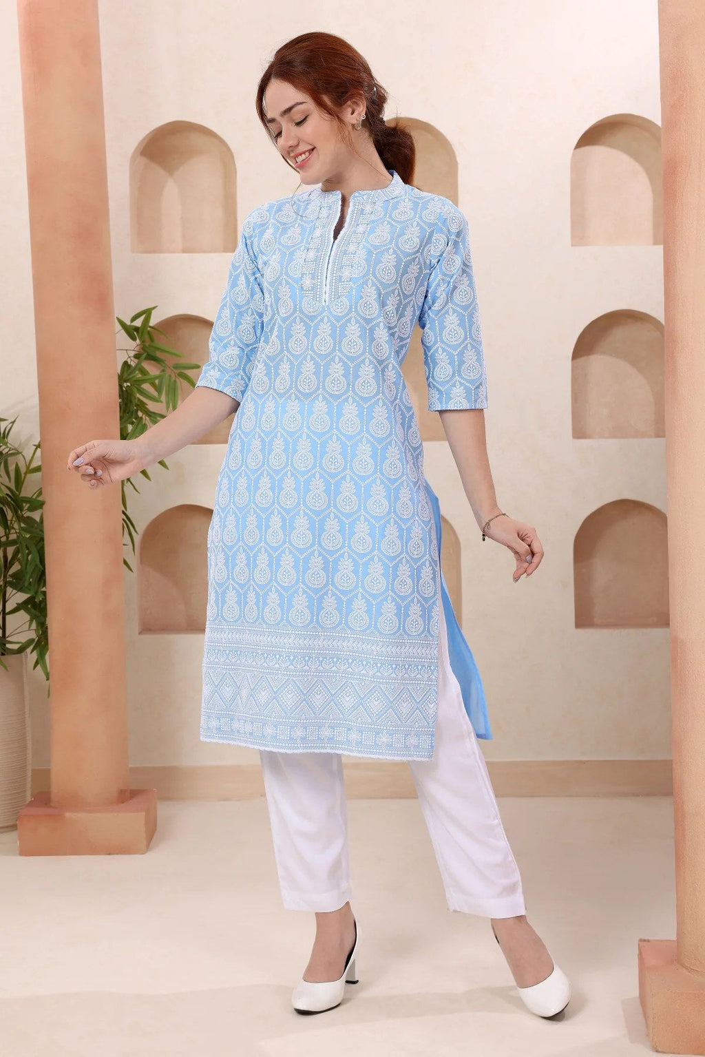 Joy In Turquoise Pure Cotton Chikankari Long Kurti - Fashionchowk