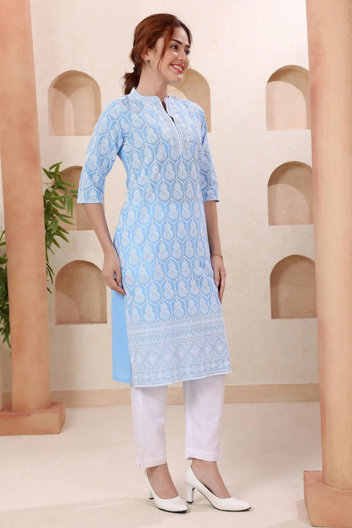 Joy In Turquoise Pure Cotton Chikankari Long Kurti - Fashionchowk