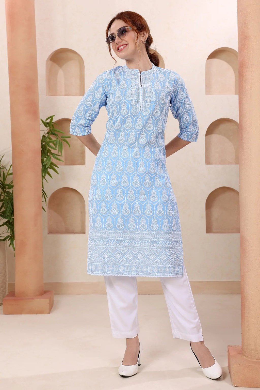 Joy In Turquoise Pure Cotton Chikankari Long Kurti - Fashionchowk
