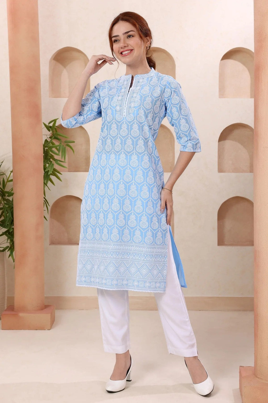 Joy In Turquoise Pure Cotton Chikankari Long Kurti - Fashionchowk