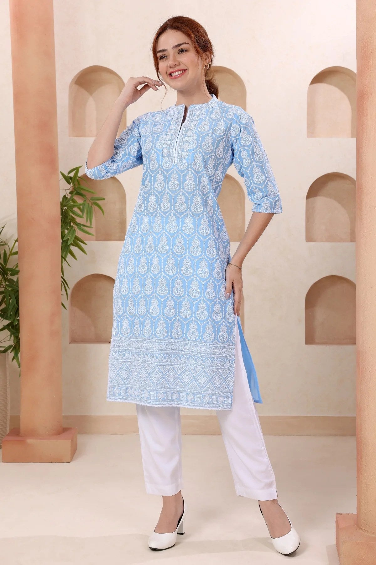 Joy In Turquoise Pure Cotton Chikankari Long Kurti - Fashionchowk