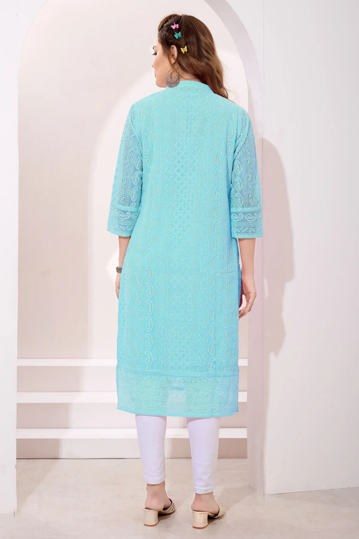 Light Phirozi Fine Georgette Chicken Embroidery Kurta - Fashionchowk