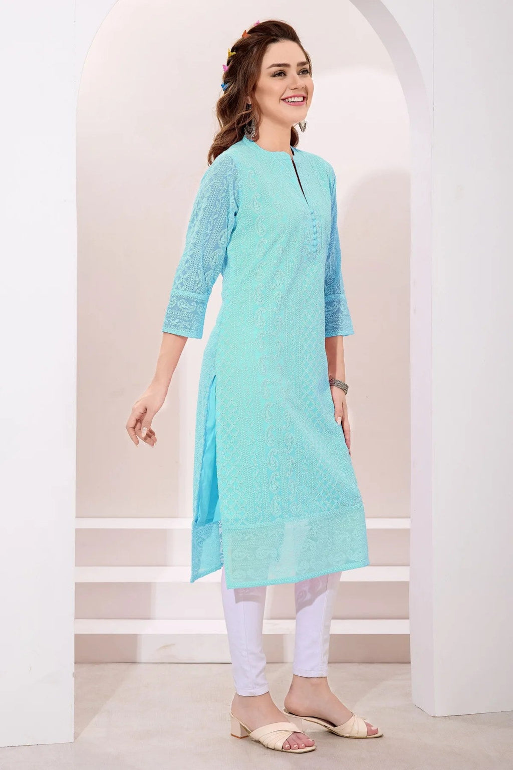 Light Phirozi Fine Georgette Chicken Embroidery Kurta - Fashionchowk