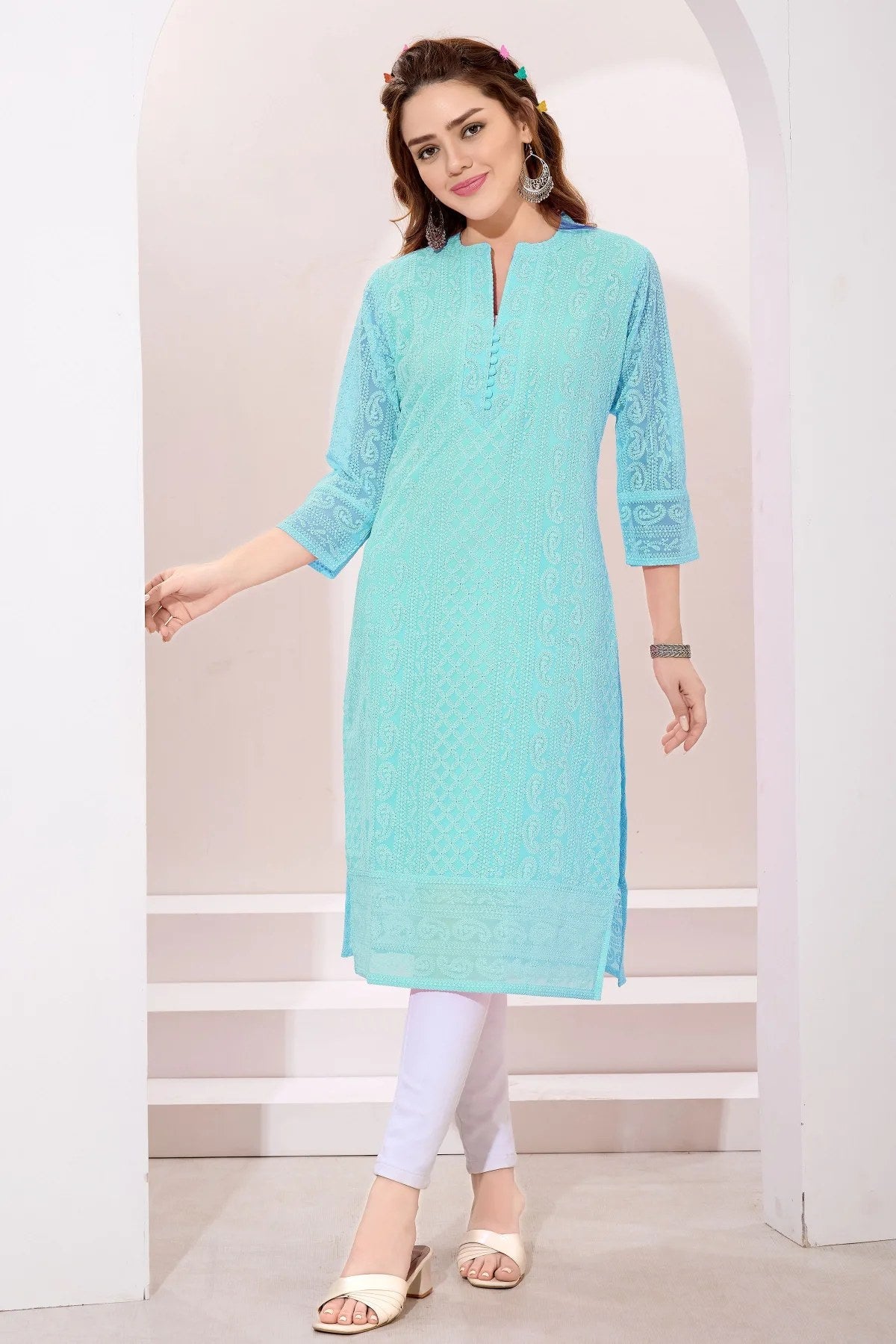 Light Phirozi Fine Georgette Chicken Embroidery Kurta - Fashionchowk