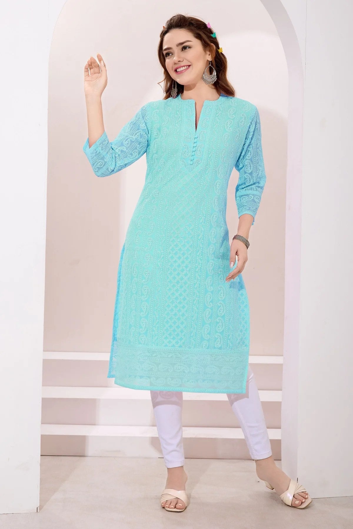 Light Phirozi Fine Georgette Chicken Embroidery Kurta - Fashionchowk